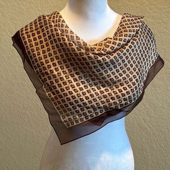 Vintage Pierre Cardin 100% Silk Square Scarf Brown Tan Logo Print Luxury Neutral - Picture 1 of 9